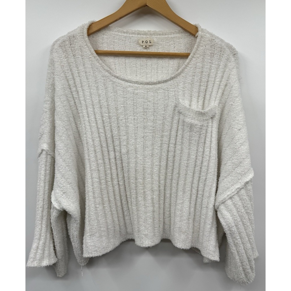POL Cropped Relaxed Boxy White Chunky Sweater Dolman Sleeves Beachy Coastal